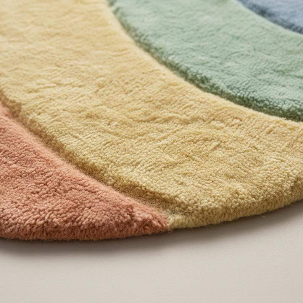 Pastel wavy rug with plush shag fibers and pastel rainbow colors in boho style carpet design