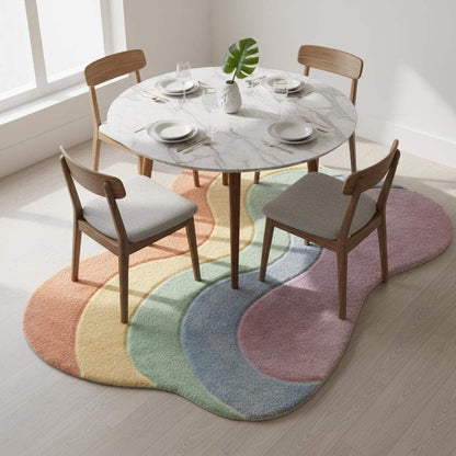 Pastel wavy rug with plush shag fibers and pastel rainbow palette for boho style decor
