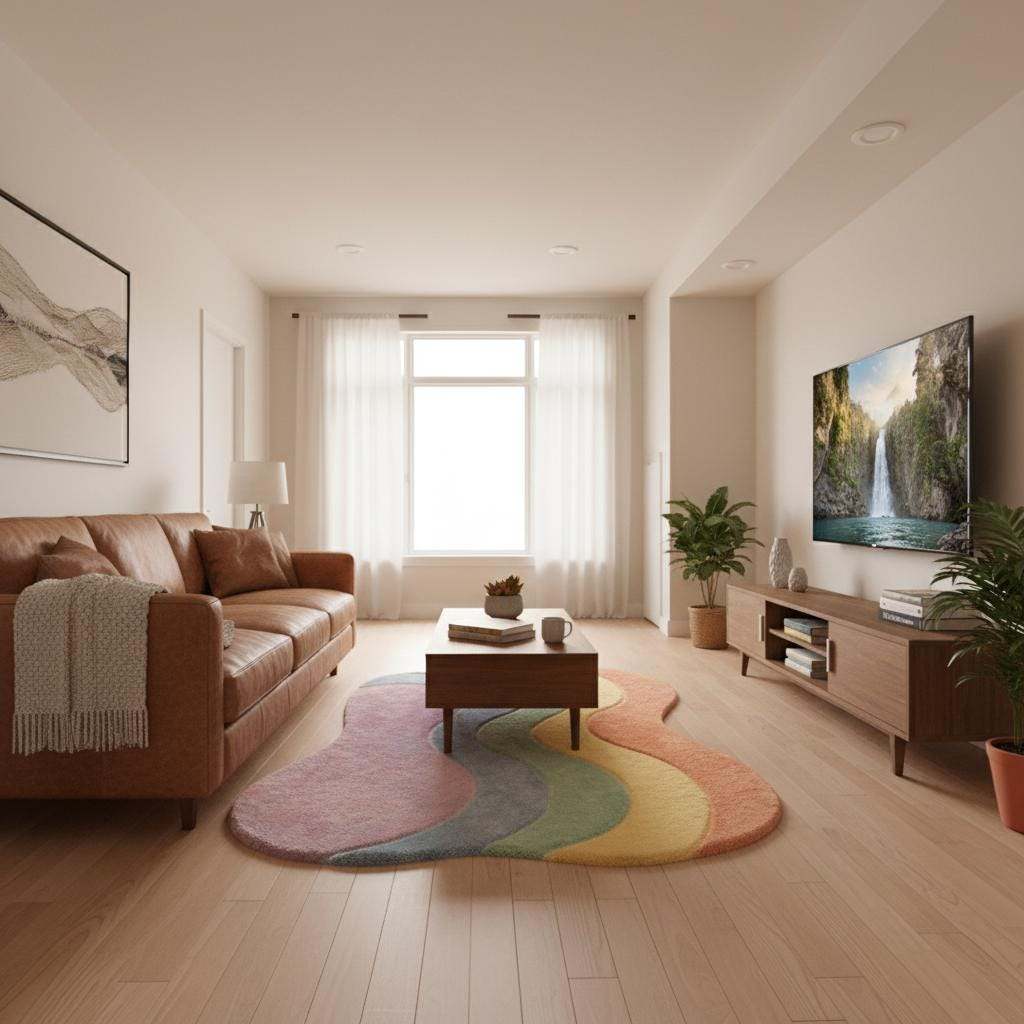 Pastel wavy rug with plush shag fibers and pastel rainbow colors in boho style carpet design