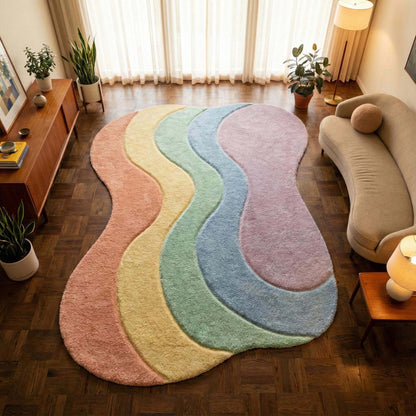 Pastel wavy rug with plush shag fibers and abstract curved design in pastel rainbow colors for boho style decor