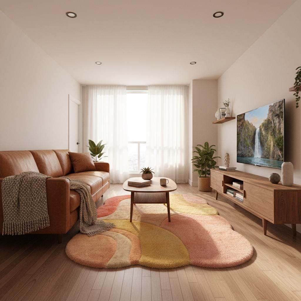 Boho modern plush rug with free-form silhouette and pastel color blocking, ideal for bedroom or creative studio decor.