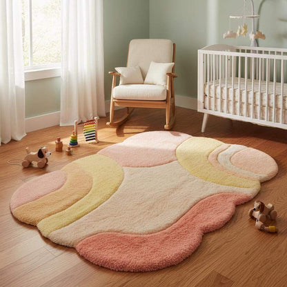 Soft tufted abstract floor rug with organic design and warm neutral pastels, styled in a contemporary home setting.