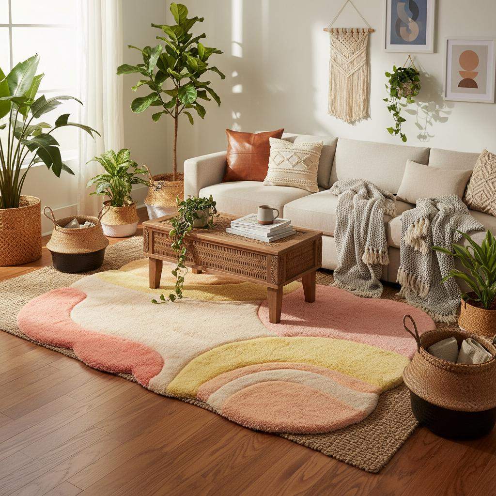 Organic shape pastel rug with curved lines and cozy texture, used as a statement floor piece in a warm minimalist home interior.