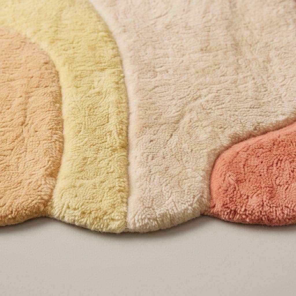 Abstract boho area rug with organic shape and soft pastel colors in plush tufted carpet design