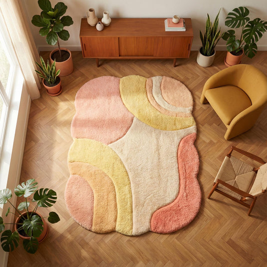 Abstract boho area rug with organic shape and plush pastel colors for cozy stylish decor