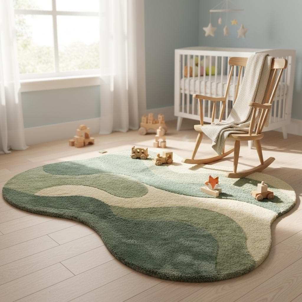 Organic shape area rug in sage green with abstract plush design for modern living rooms and bedrooms