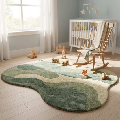 Organic shape area rug in sage green with abstract plush design for modern living rooms and bedrooms