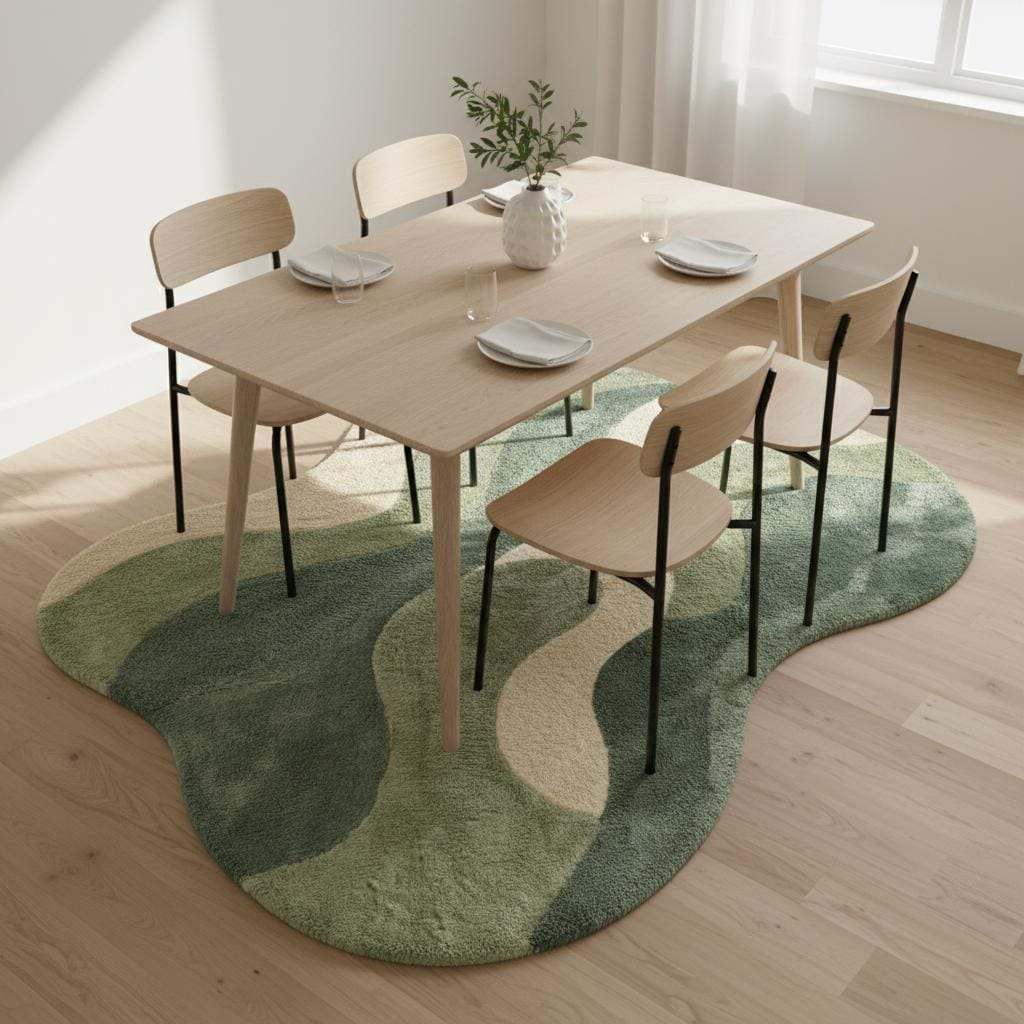 Contemporary abstract green area rug with irregular silhouette, cozy modern interior styling