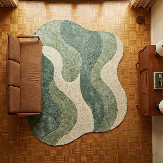 Organic shape sage green area rug with plush texture and abstract design for modern living rooms and bedrooms