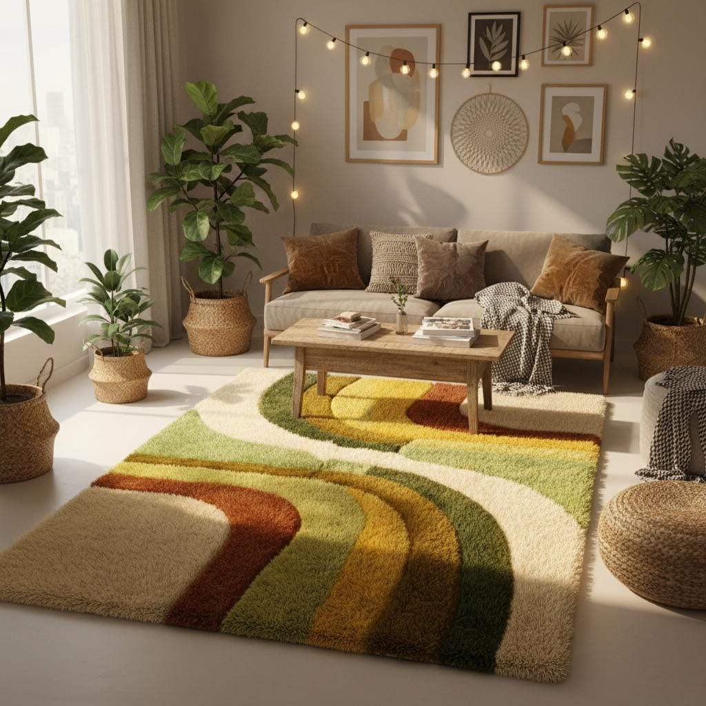 Plush shag area rug with retro 70s inspired design, perfect for boho living room or bedroom decor
