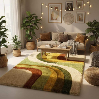 Plush shag area rug with retro 70s inspired design, perfect for boho living room or bedroom decor