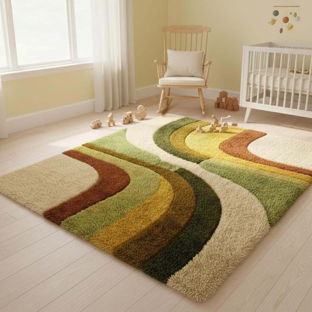 Statement retro modern rug adding texture and warmth to minimalist living space with plants and natural light