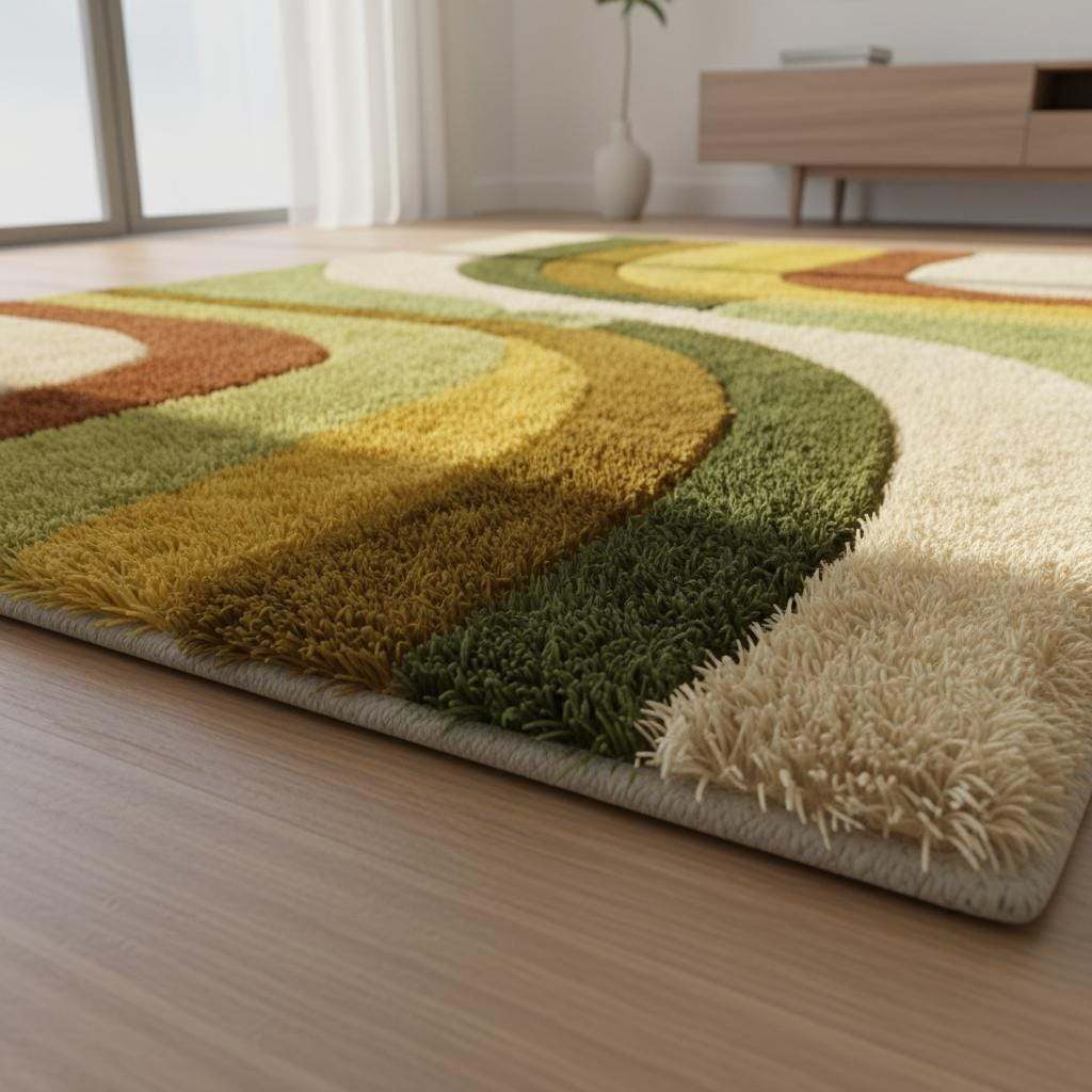 Retro boho area rug with plush shag texture and earth tone abstract wavy pattern
