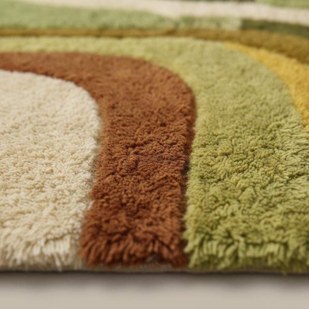 Retro boho area rug with abstract wavy pattern, plush shag texture, and earth tone colors for cozy vintage decor