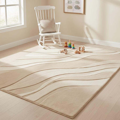 Minimalist beige area rug with flowing abstract wave pattern, ideal for modern living room or bedroom decor.