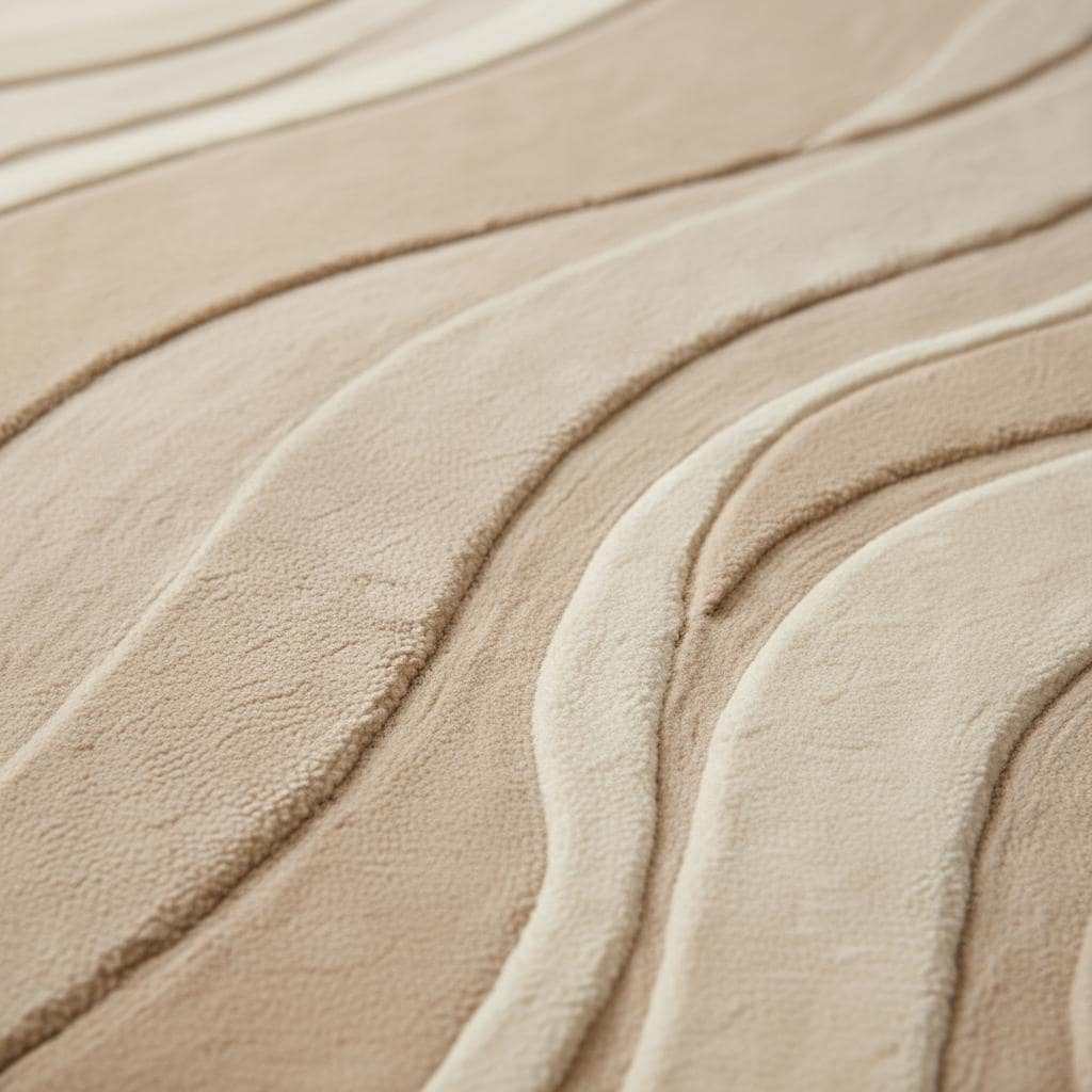 Modern neutral area rug with plush beige pile and carved wave texture for minimalist and Scandinavian decor