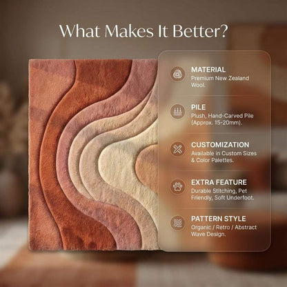 Modern boho area rug with sculpted abstract wave pattern in earth tones for living room and bedroom decor
