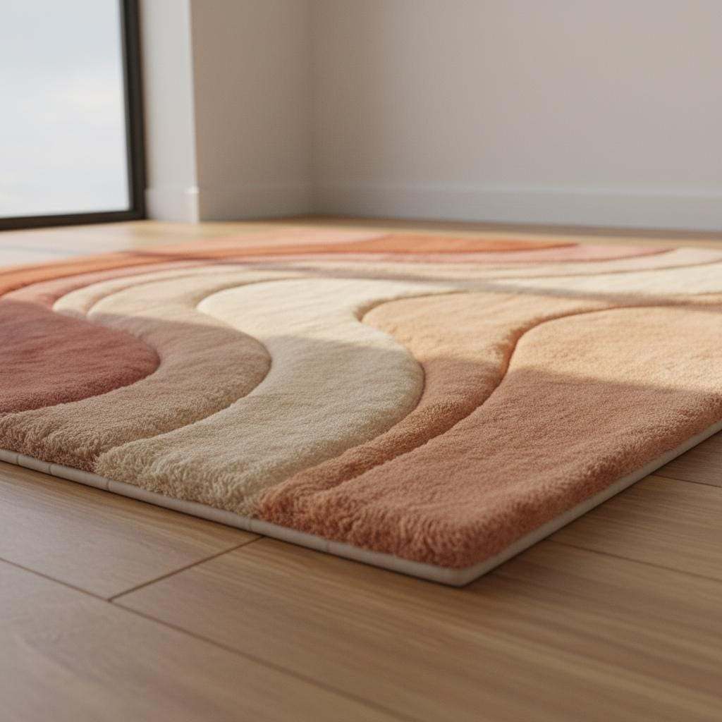 Modern boho area rug with abstract wave design in earth tones and plush texture for living room decor