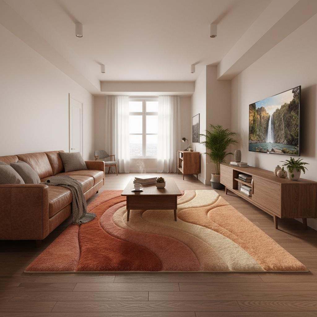 Plush abstract area rug featuring curved wave patterns in terracotta, blush, and cream tones