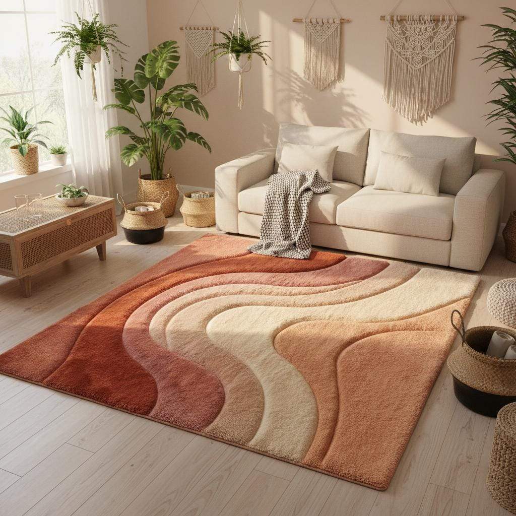 Aesthetic boho area rug in warm neutral colors adding texture and warmth to minimalist interior
