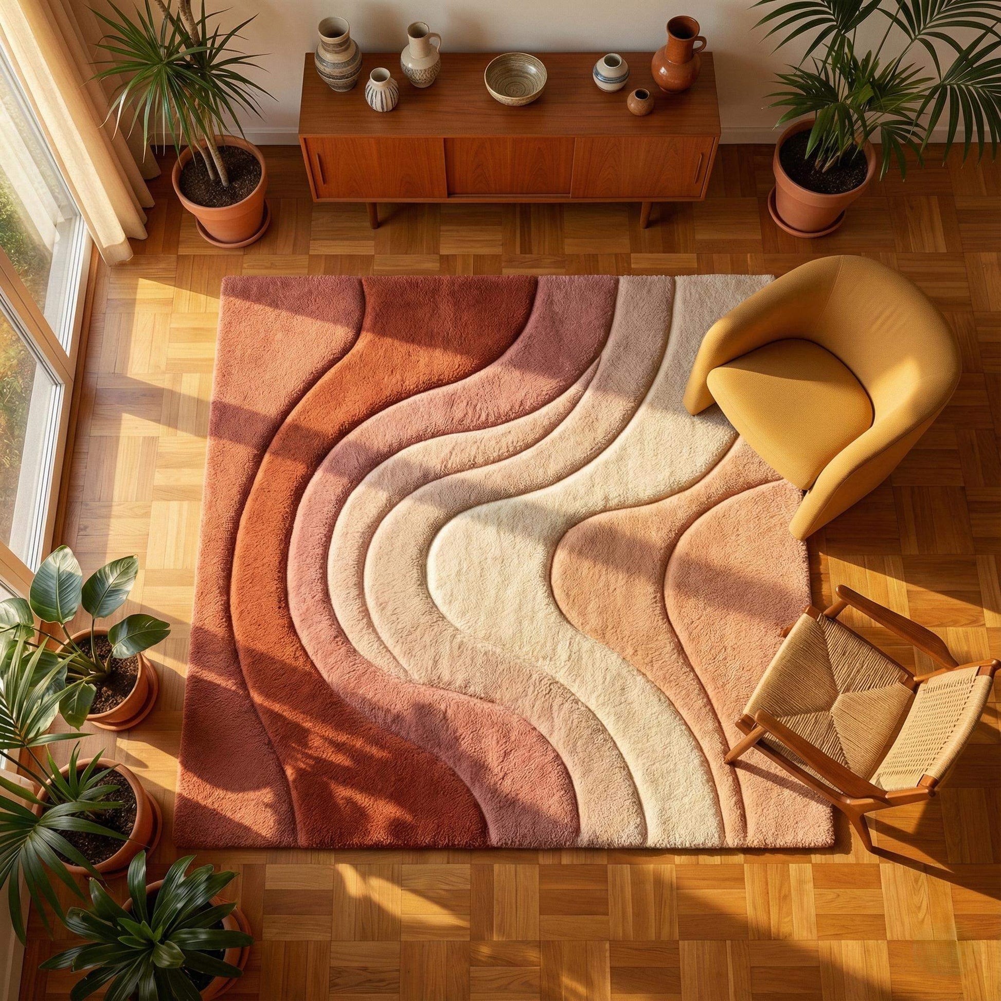Modern boho area rug with abstract wave design in earth tones, soft plush carpet for living room and bedroom decor