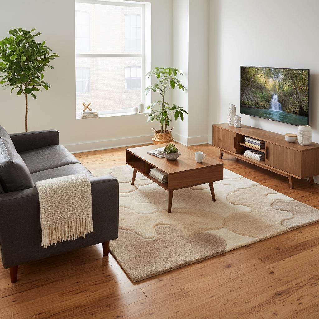 Soft modern living room rug in warm neutral tones with sculpted abstract design