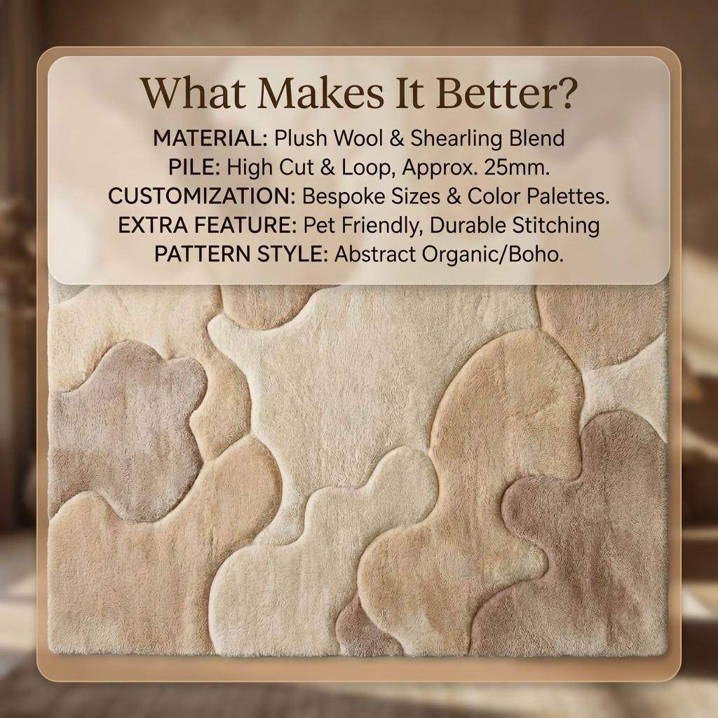Organic area rug with plush high pile and sculpted pattern in neutral beige tones for Scandinavian Japandi living rooms