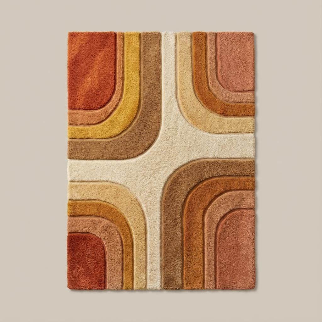 Top-down flat lay view of a modern geometric area rug with symmetrical curved lines and retro inspired design in neutral and warm tones, clearly showing full pattern layout, shape, and color variation.