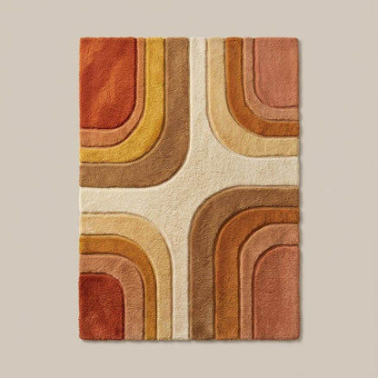 Top-down flat lay view of a modern geometric area rug with symmetrical curved lines and retro inspired design in neutral and warm tones, clearly showing full pattern layout, shape, and color variation.