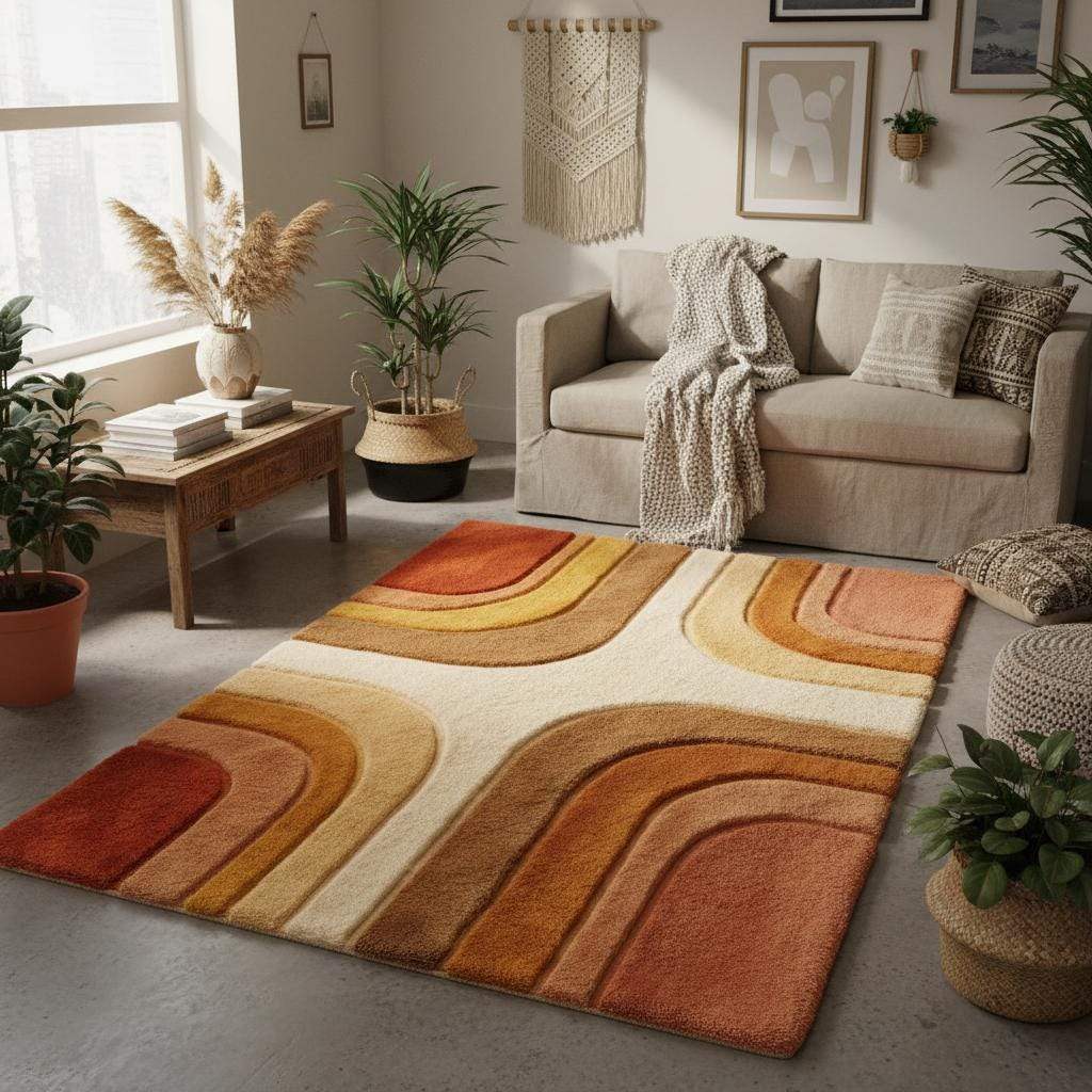 Modern area rug placed in a stylish living room with wood flooring and mid century decor, adding warmth and texture with its abstract curved design and earthy color palette that complements neutral furniture.