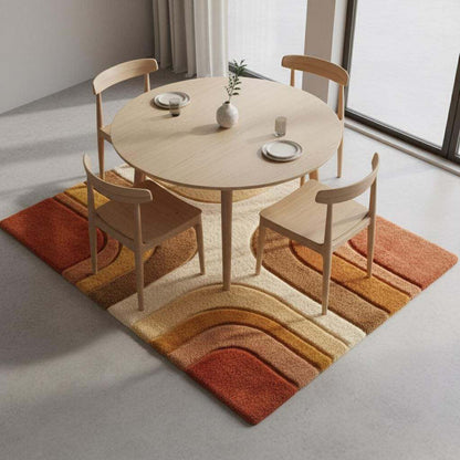 Mid century modern rug with retro geometric pattern in warm earth tones and plush shag texture