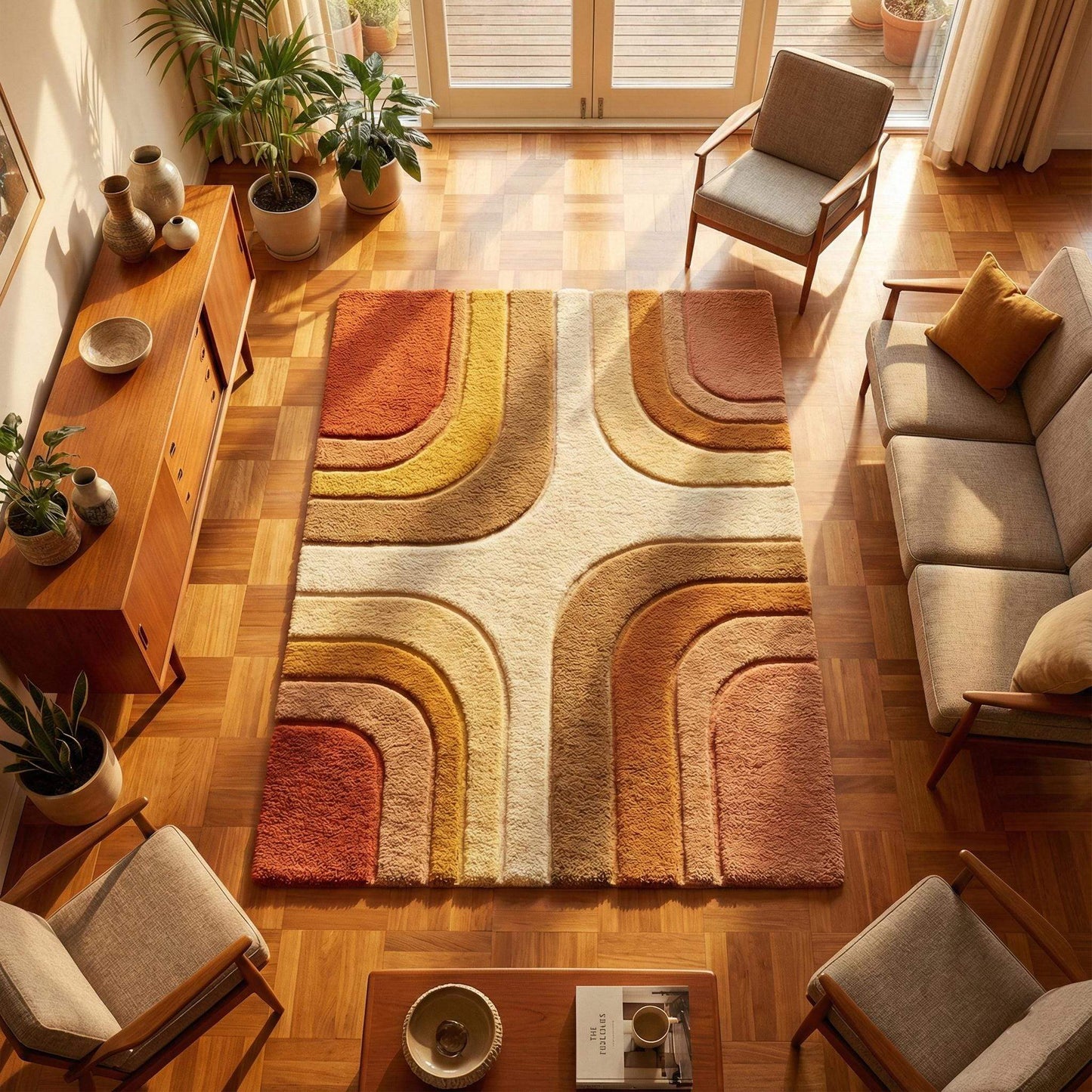 Mid Century Modern Rug with retro geometric pattern in earth tones on wooden floor