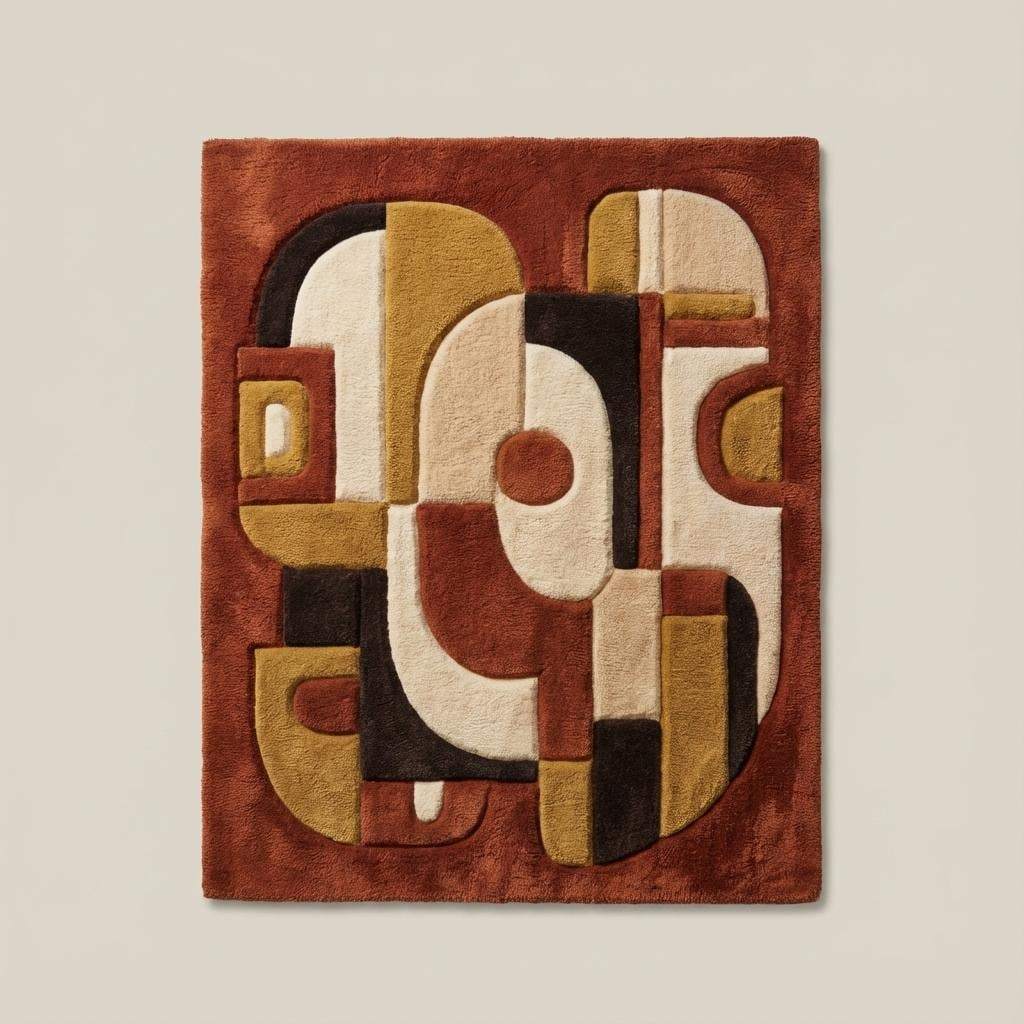 Top down view of mid century modern abstract rug displaying full geometric pattern, curved shapes, and earth tone color palette with terracotta, cream, and mustard accents.