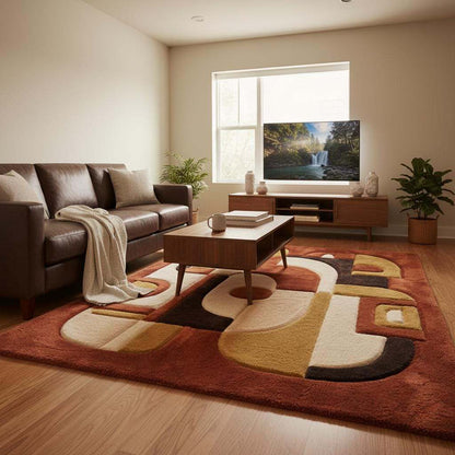 Detail view of rug edge and pattern showing curved geometric design, clean borders, and textured surface to help understand proportions and finish.