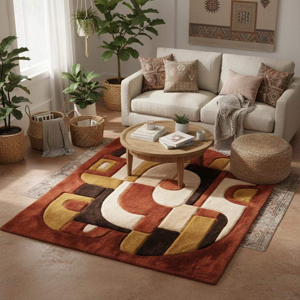 Abstract modern area rug placed in a cozy living room setting with natural light, wooden floors, and plants, complementing mid century modern home decor.