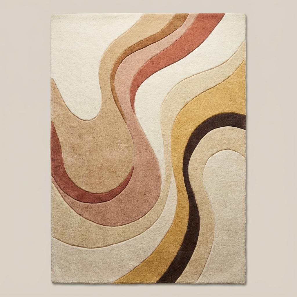 Top-down view of modern abstract area rug displaying full organic pattern, curved lines, earth tone color palette, and clean rectangular shape.