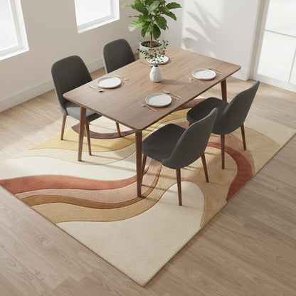 Soft abstract area rug styled in a nursery, emphasizing cozy plush texture, warm neutral tones, and family-friendly modern decor appeal.