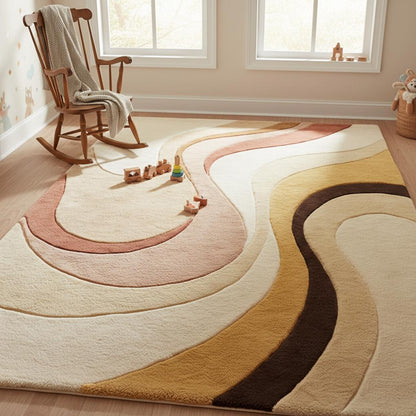 Abstract boho rug with plush soft pile and earth tone colors, featuring organic curved mid century design for cozy home decor.