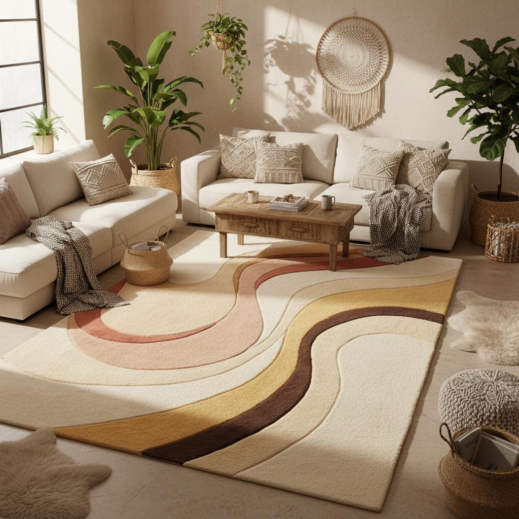 Modern living room rug styled beneath seating, highlighting neutral abstract design, cozy texture, and compatibility with mid century and boho home decor.