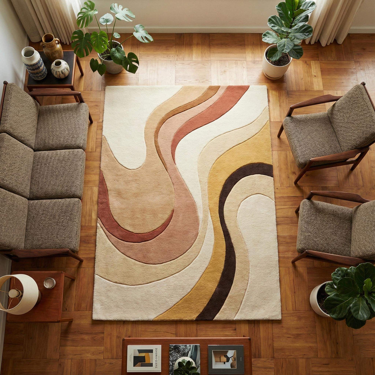 Abstract boho rug with plush soft pile and warm earth tones for cozy mid century home decor