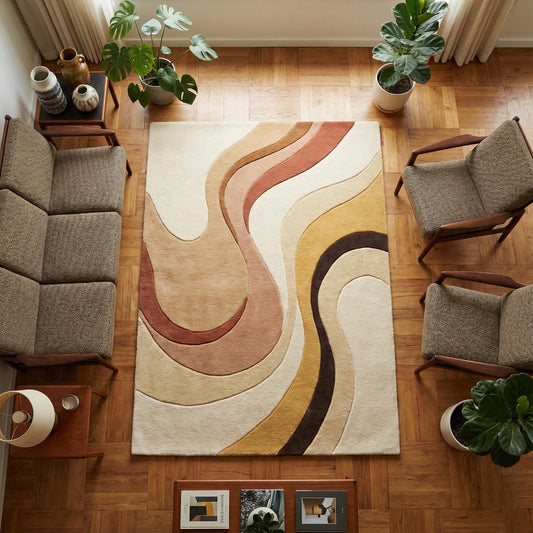 Abstract boho rug with earth tone modern design and plush soft texture for living room or nursery decor