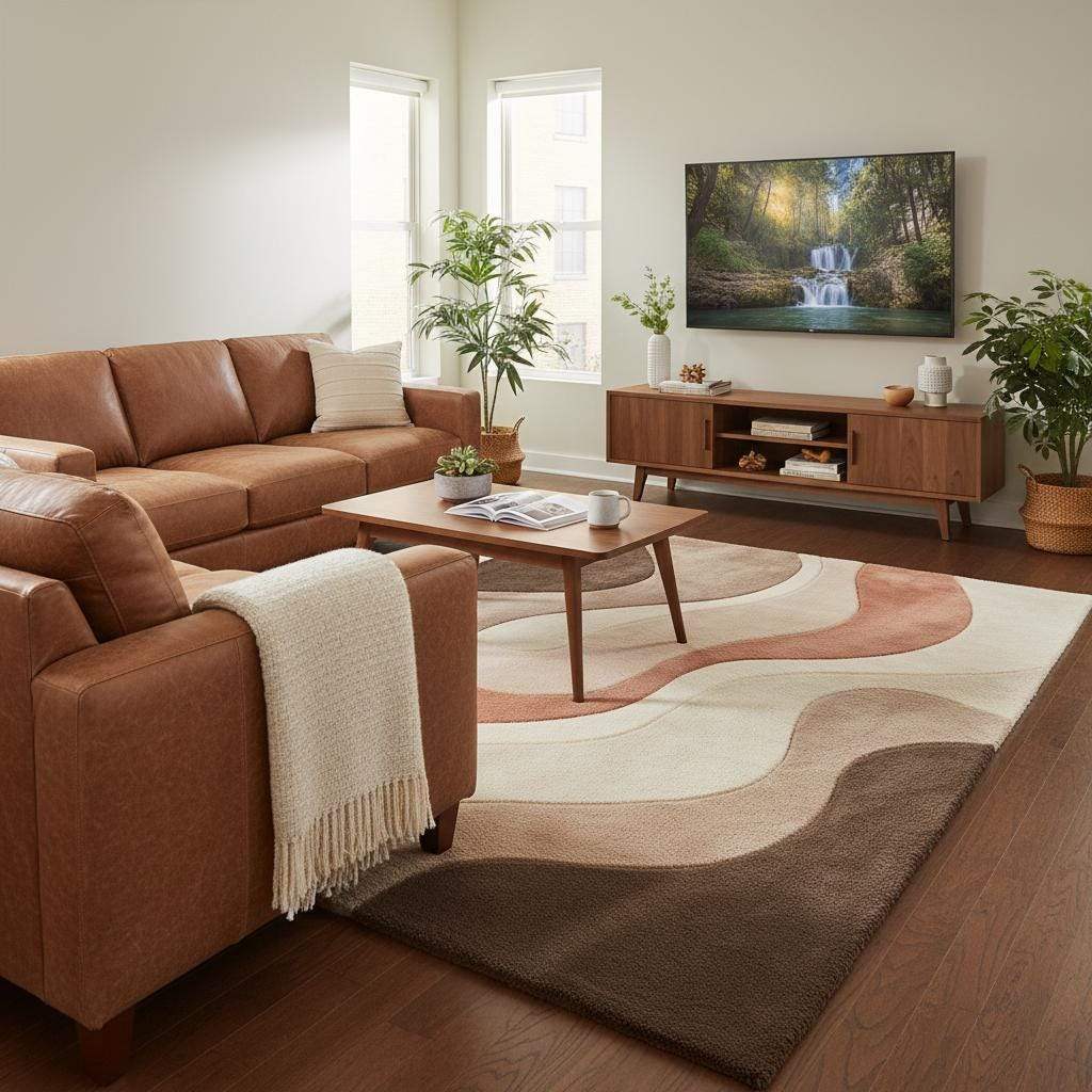 Detailed view of rug edge and pattern flow showing clean finish, smooth curves, and proportional design ideal for modern living room or bedroom décor.