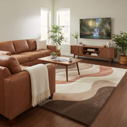 Detailed view of rug edge and pattern flow showing clean finish, smooth curves, and proportional design ideal for modern living room or bedroom décor.