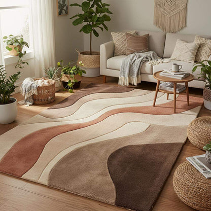 Modern living room styled with abstract neutral rug, warm wood flooring, minimalist furniture, and earth-tone décor creating a calm, Scandinavian-inspired home interior.