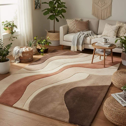 Modern living room styled with abstract neutral rug, warm wood flooring, minimalist furniture, and earth-tone décor creating a calm, Scandinavian-inspired home interior.