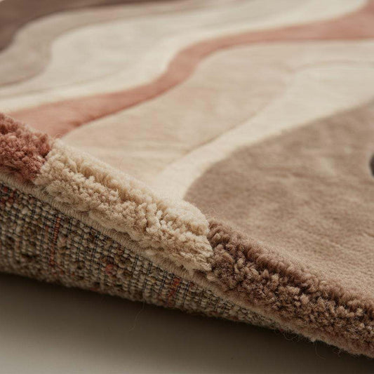 Close-up of plush abstract rug texture highlighting dense fibers, soft pile, and smooth color transitions, showcasing craftsmanship, comfort, and high-quality rug material.