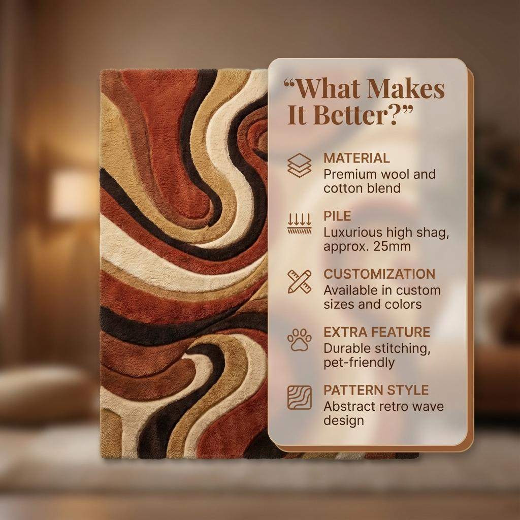 Mid Century Shag Rug with retro abstract swirl pattern in warm earth tones