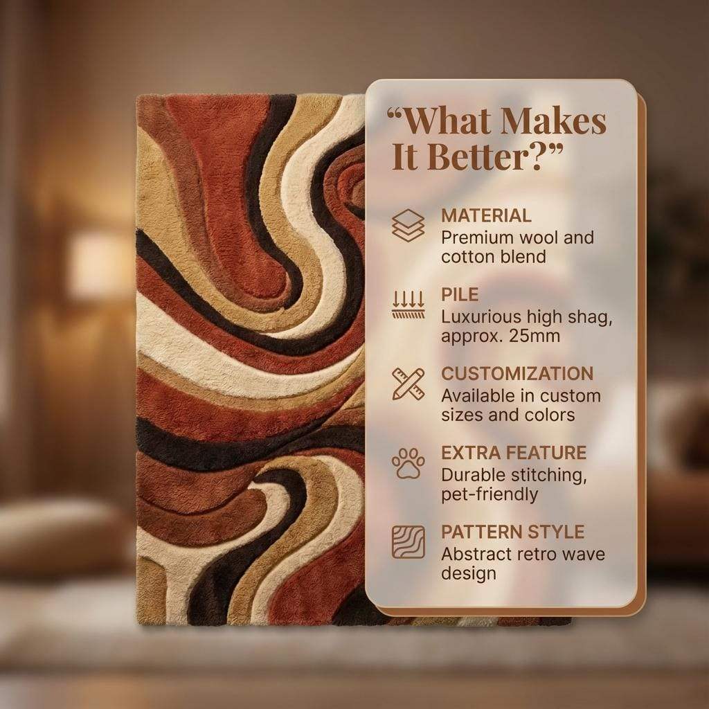 Mid century shag rug with retro abstract swirl design in earth tones