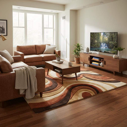Mid century shag rug with abstract swirl pattern in warm earth tones, retro style carpet for cozy living rooms