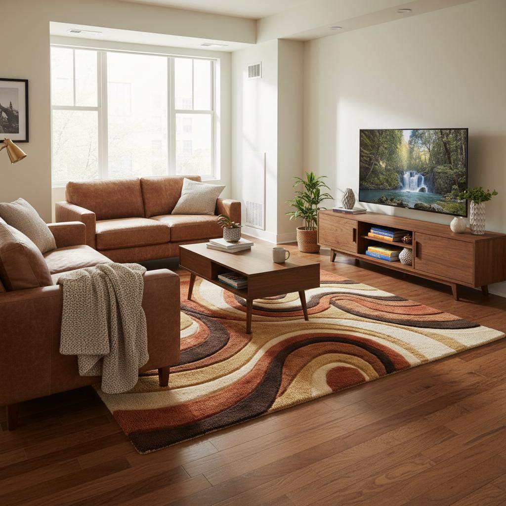 Mid century shag rug with retro abstract swirl design in warm earth tones